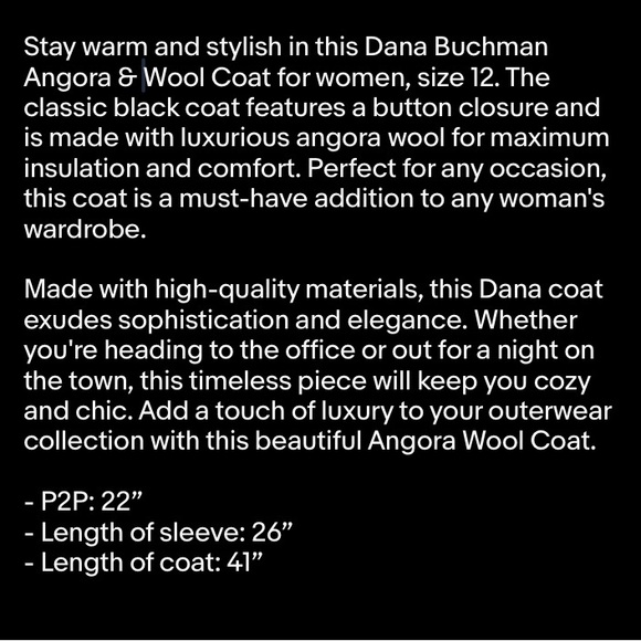 Dana Buchman Angora & Wool Coat Women’s Size 12 Black  Button Closure - Picture 10 of 10
